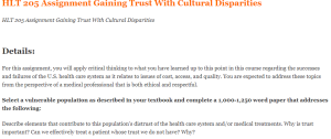 HLT 205 Assignment Gaining Trust With Cultural Disparities