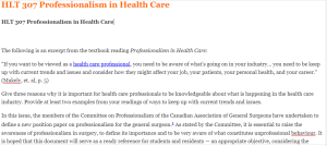 HLT 307 Professionalism in Health Care