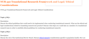 NUR 550 Translational Research Framework and Legal Ethical Considerations