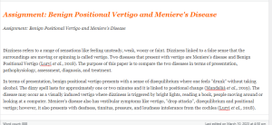 Assignment Benign Positional Vertigo and Meniere's Disease
