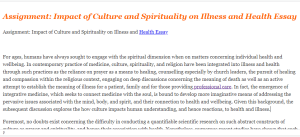 Assignment  Impact of Culture and Spirituality on Illness and Health Essay