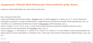 Assignment  Platelet Rich Plasma for Osteoarthritis of the Knees