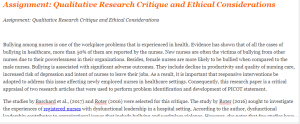 Assignment Qualitative Research Critique and Ethical Considerations