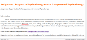 Assignment  Supportive Psychotherapy versus Interpersonal Psychotherapy