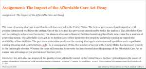 Assignment The Impact of the Affordable Care Act Essay