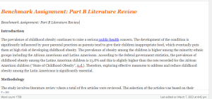 Benchmark Assignment  Part B Literature Review