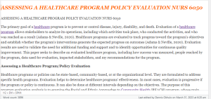 ASSESSING A HEALTHCARE PROGRAM POLICY EVALUATION NURS 6050