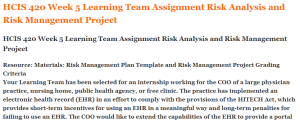 HCIS 420 Week 5 Learning Team Assignment Risk Analysis and Risk Management Project