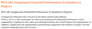 HCS 385 Assignment Financial Performance Evaluation (2 Papers)