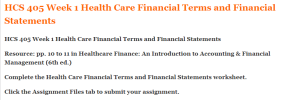 HCS 405 Week 1 Health Care Financial Terms and Financial Statements 