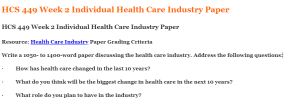 HCS 449 Week 2 Individual Health Care Industry Paper