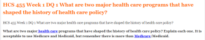 HCS 455 Week 1 DQ 1 What are two major health care programs that have shaped the history of health care policy