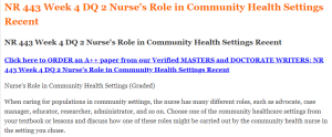 NR 443 Week 4 DQ 2 Nurse's Role in Community Health Settings Recent