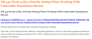 NR 443 Week 5 DQ 2 Priority Setting When Working With Vulnerable Populations Recent