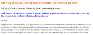 NR 504 Week 2 Role of Ethics within Leadership Recent