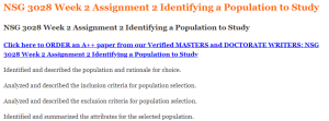 NSG 3028 Week 2 Assignment 2 Identifying a Population to Study