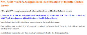 NSG 3028 Week 3 Assignment 2 Identification of Health Related Issues