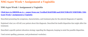 NSG 6420 Week 7 Assignment 2 Vaginitis