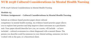 NUR 2058 Cultural Considerations in Mental Health Nursing