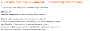 NUR 2058 Written Assignment – Researching for Evidence