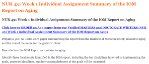 NUR 431 Week 1 Individual Assignment Summary of the IOM Report on Aging