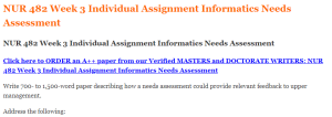 NUR 482 Week 3 Individual Assignment Informatics Needs Assessment