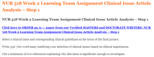 NUR 518 Week 2 Learning Team Assignment Clinical Issue Article Analysis – Step 1