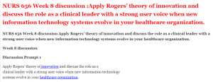 NURS 656 Week 8 discussion Apply Rogers’ theory of innovation and discuss the role as a clinical leader with a strong user voice