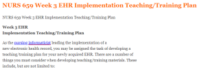 NURS 659 Week 3 EHR Implementation Teaching Training Plan