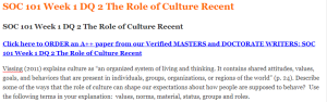 SOC 101 Week 1 DQ 2 The Role of Culture Recent