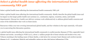 Select a global health issue affecting the international health community NRS 428