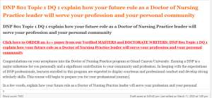 DNP 801 Topic 1 DQ 1 explain how your future role as a Doctor of Nursing Practice leader will serve your profession and your personal community