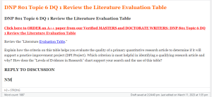 DNP 801 Topic 6 DQ 1 Review the Literature Evaluation Table