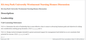 HA 605 Park University Westmount Nursing Homes Discussion
