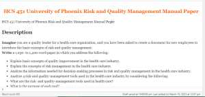 HCS 451 University of Phoenix Risk and Quality Management Manual Paper
