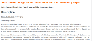 Joliet Junior College Public Health Issue and The Community Paper
