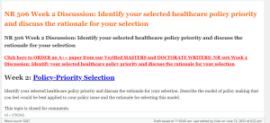 NR 506 Week 2 Discussion Identify your selected healthcare policy priority and discuss the rationale for your selection