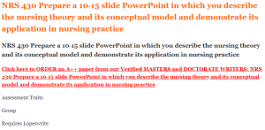 NRS 430 Prepare a 10‐15 slide PowerPoint in which you describe the nursing theory and its conceptual model and demonstrate its application in nursing practice