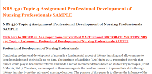 NRS 430 Topic 4 Assignment Professional Development of Nursing Professionals SAMPLE
