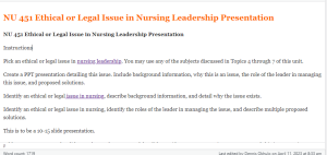 NU 451 Ethical or Legal Issue in Nursing Leadership Presentation