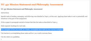 NU 451 Mission Statement and Philosophy Assessment