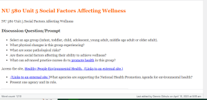 NU 580 Unit 5 Social Factors Affecting Wellness