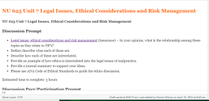 NU 625 Unit 7 Legal Issues, Ethical Considerations and Risk Management