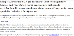 NUR 513 Identify at least two regulatory bodies, and your state's nurse practice act, that specify certification, licensure requirements, or scope of practice for your specialty