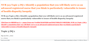 NUR 513 Topic 3 DQ 1 Identify a population that you will likely serve as an advanced registered nurse that you think is particularly vulnerable to issues of health disparity inequity