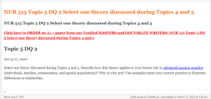 NUR 513 Topic 5 DQ 2 Select one theory discussed during Topics 4 and 5