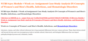 NURS 6501 Module 7 Week 10 Assignment Case Study Analysis IN-Concepts of Women’s and Men’s Health, Infections, and Hematologic Disorders