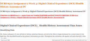 NURS 6512 Assignment 2 Week 4 Digital Clinical Experience (DCE) Health History Assessment IN