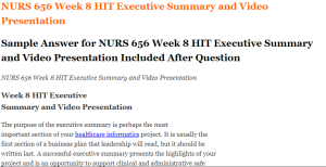 NURS 656 Week 8 HIT Executive Summary and Video Presentation