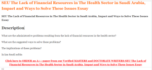 SEU The Lack of Financial Resources in The Health Sector in Saudi Arabia, Impact and Ways to Solve These Issues Essay